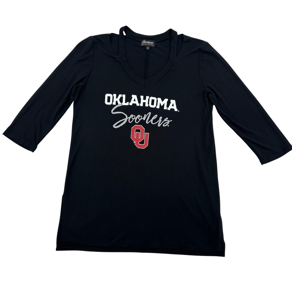 Gameday Couture Oklahoma Sooners V Neck Cutout 3/4 Sleeve Top Black Womens Sz S